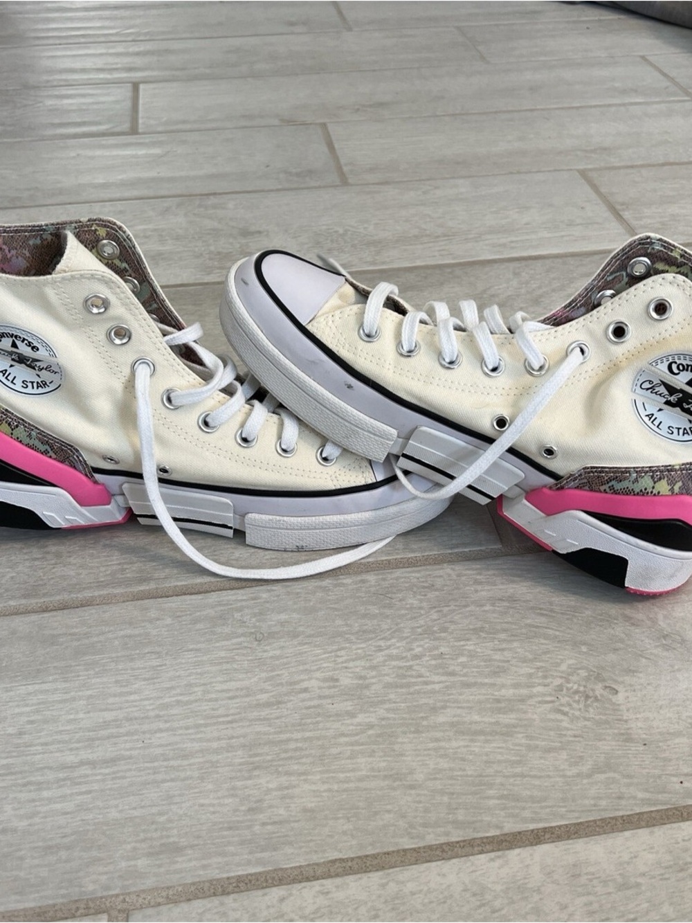 Converse Women's Lace-Up High Top Sneakers in White with Pink Accent
